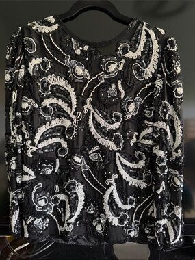 Niteline Black Long Sleeve Beaded & Sequin Top with White Embroidery